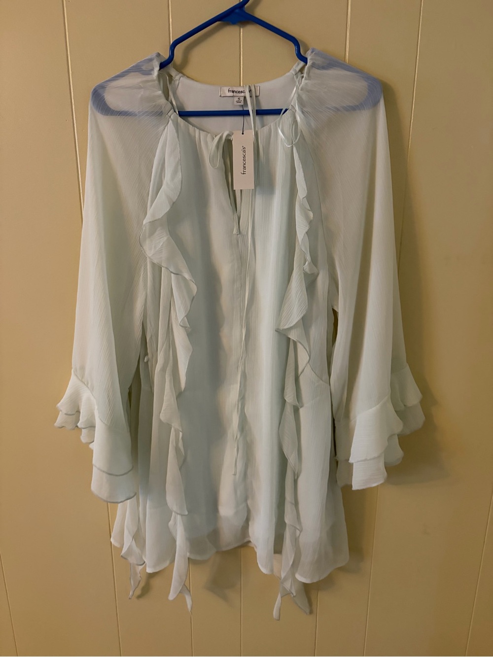 French Connection Pale Blue Ruffle Tie-Neck Tunic Top